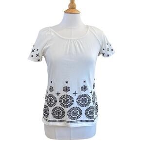 Charter Club Cotton Short Sleeve White Top, Black Eyelet Embroidered Trim, S